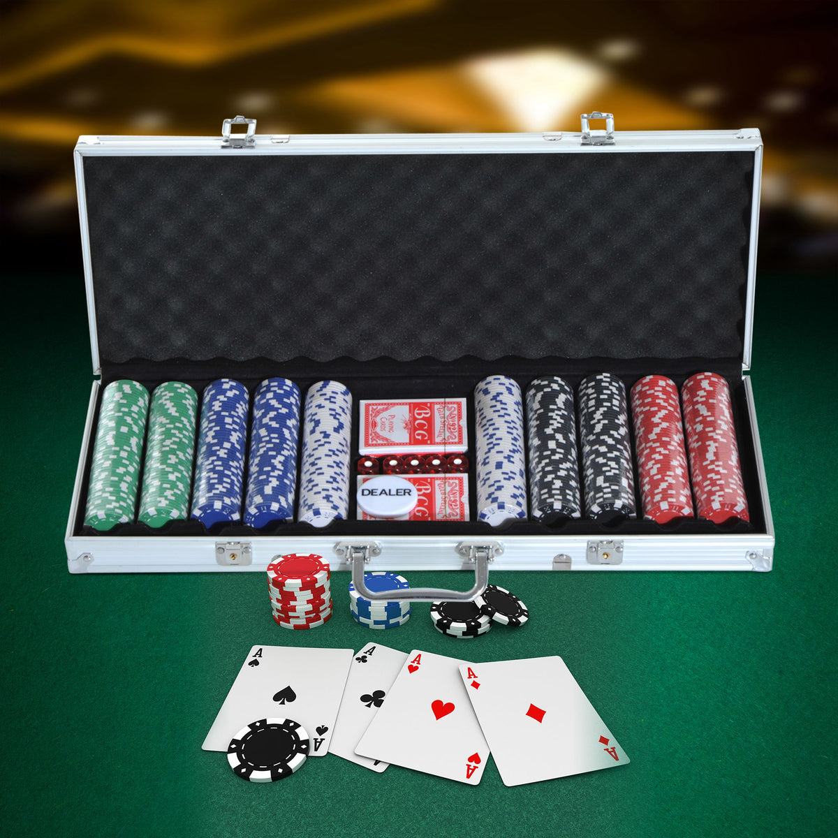 Mallette de Poker Coffret de Poker Complet avec 500 jetons 2 Jeux de Cartes + 5 dés Bouton Dealer 2 clés alu.-9