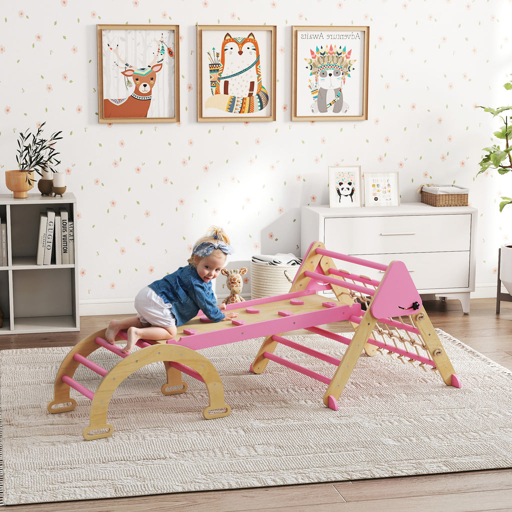 Triangle d'escalade enfants 8 en 1 avec rampe double face, arc d'escalade en bois avec toboggan & échelle, rose-1