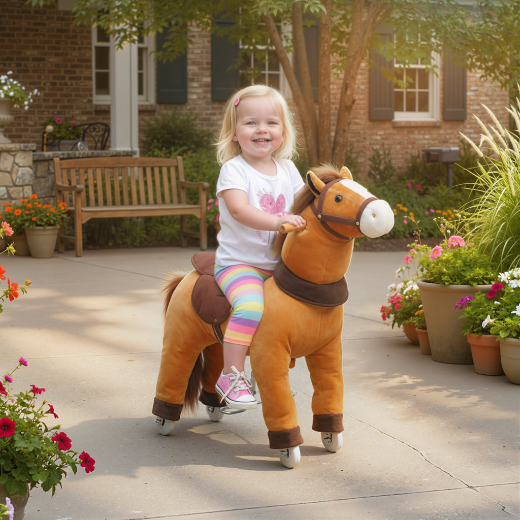 Cheval à Monter pour Enfant, Cheval à Roulettes en Peluche, Poignée, 75 cm de Haut, pour 3 à 5 Ans, Marron-1