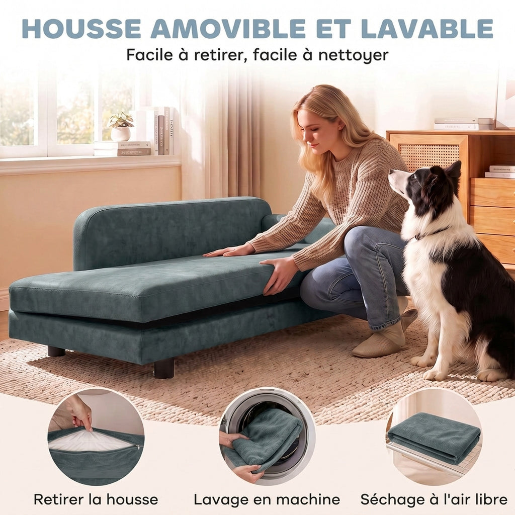 Canapé pour Chien Lit pour Chien Coussin Déhoussable Lavable Dossier Haut Accoudoirs Velours 101x66x34,5cm Gris-5