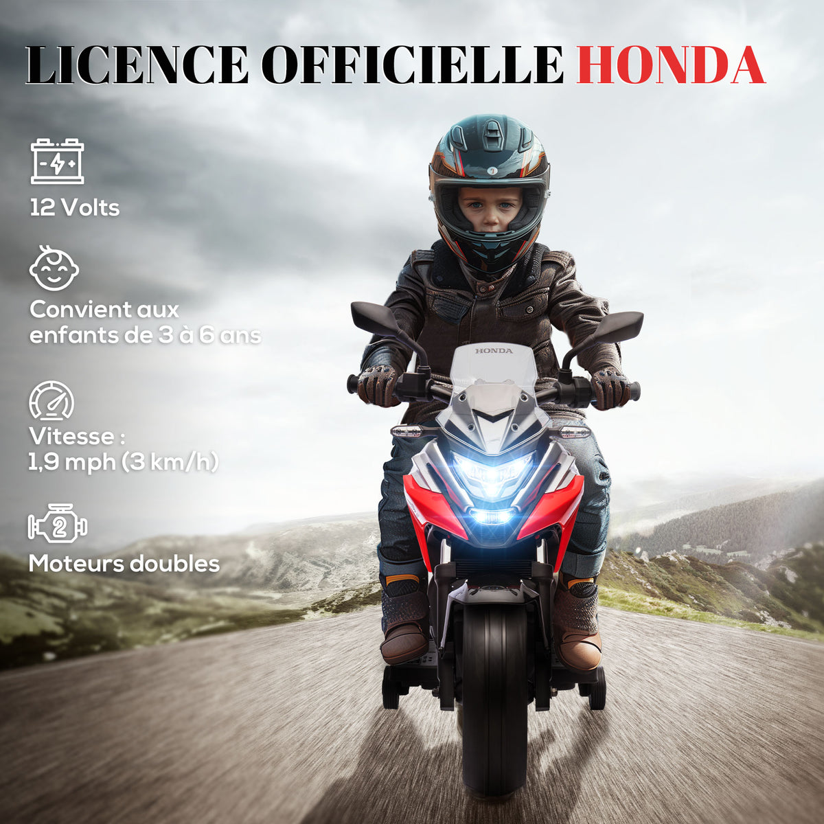 Moto électrique pour enfants 12V moto porteur Honda pour enfants 3 à 6 ans avec musique, phares rouge-3