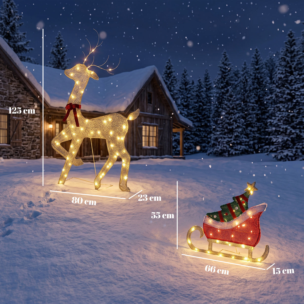 Renne et traîneau lumineux, décoration de Noël extérieure, 95 LED blanc chaud, 8 modes, minuterie quotidienne-2