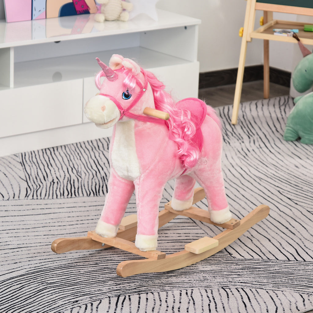 Cheval à Bascule modèle Licorne avec Sons Authentiques Selle Grand Confort Bois de peuplier Rose dim. L74 x l33 x 62H cm-1