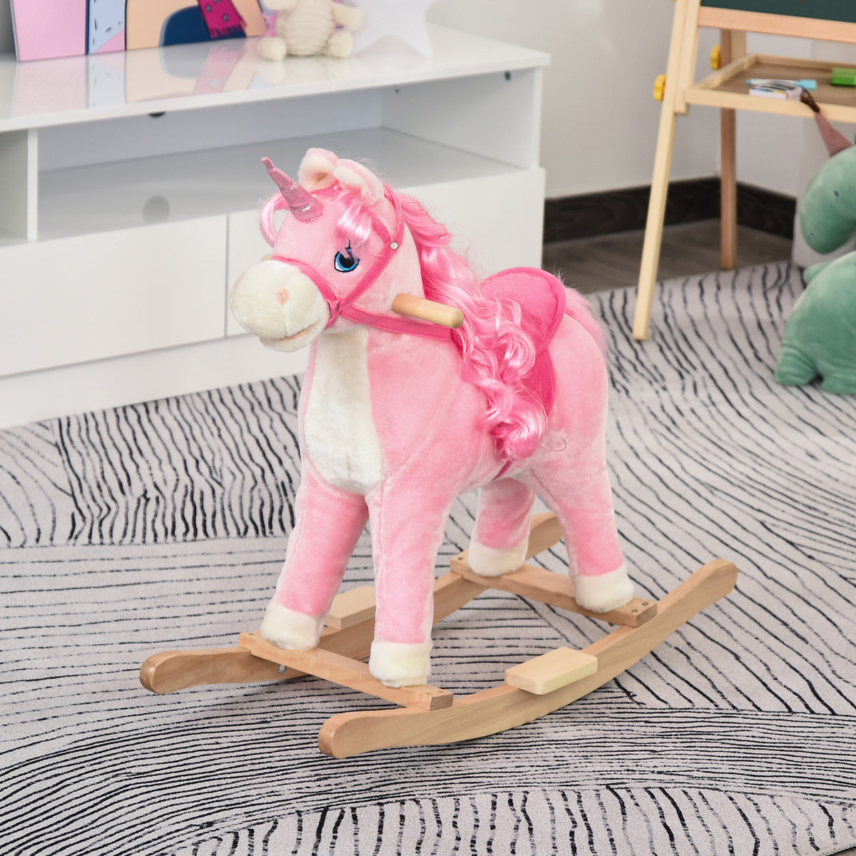 Cheval à Bascule modèle Licorne avec Sons Authentiques Selle Grand Confort Bois de peuplier Rose dim. L74 x l33 x 62H cm-1