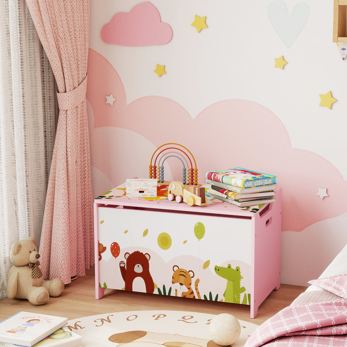 Coffre à jouet enfant coffre de rangement enfant couvercle rabattable motif animal 60 x 37 x 39 cm rose-7