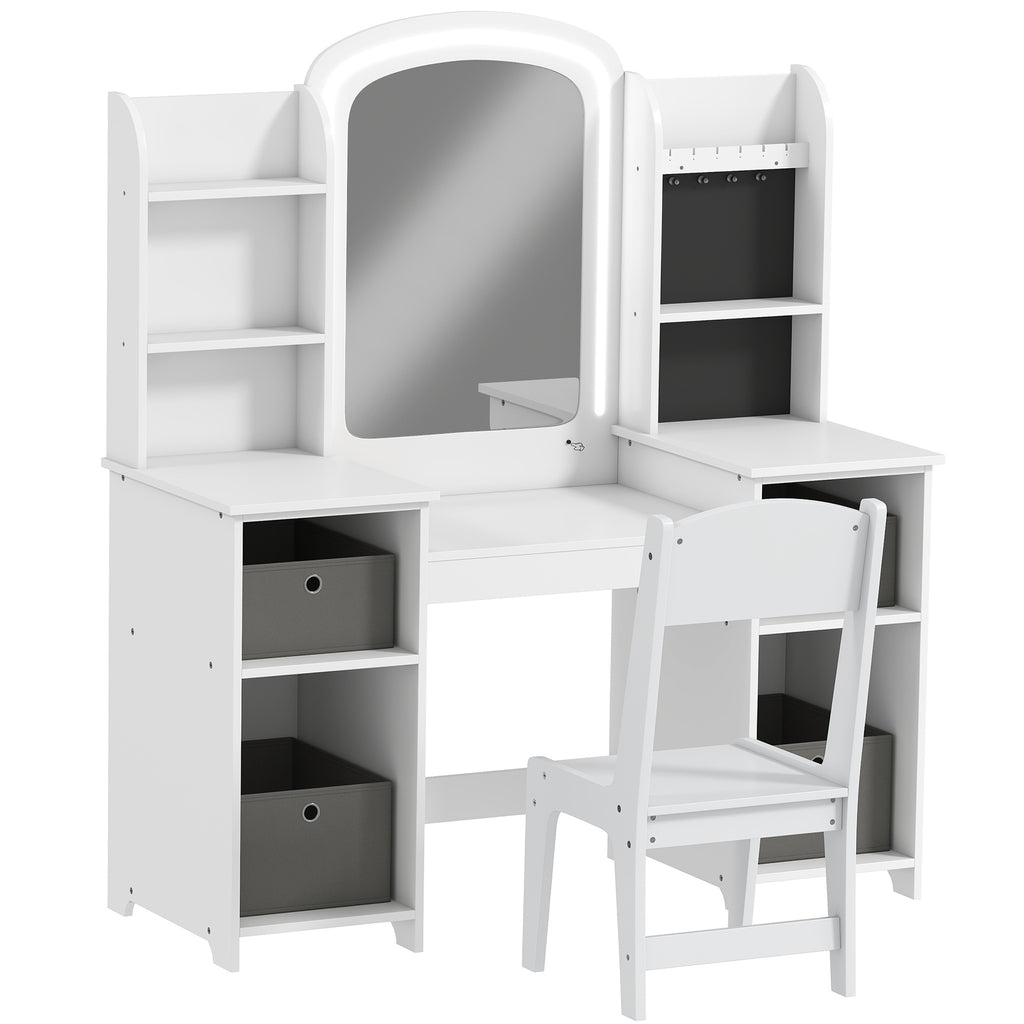 Coiffeuse pour enfants avec tabouret et miroir LED, table de maquillage pour 3 à 8 ans, 104 x 40 x 112 cm, blanc-0