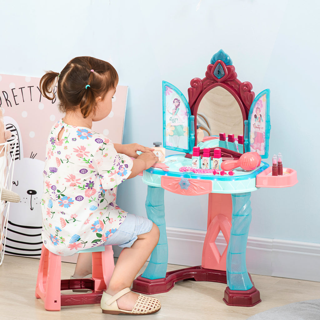Coiffeuse Enfant Fille avec Miroir Magique, Musique, Plateaux, Tiroir et Accessoires, 3-6 Ans, 57x34x76cm, Multicolore-1