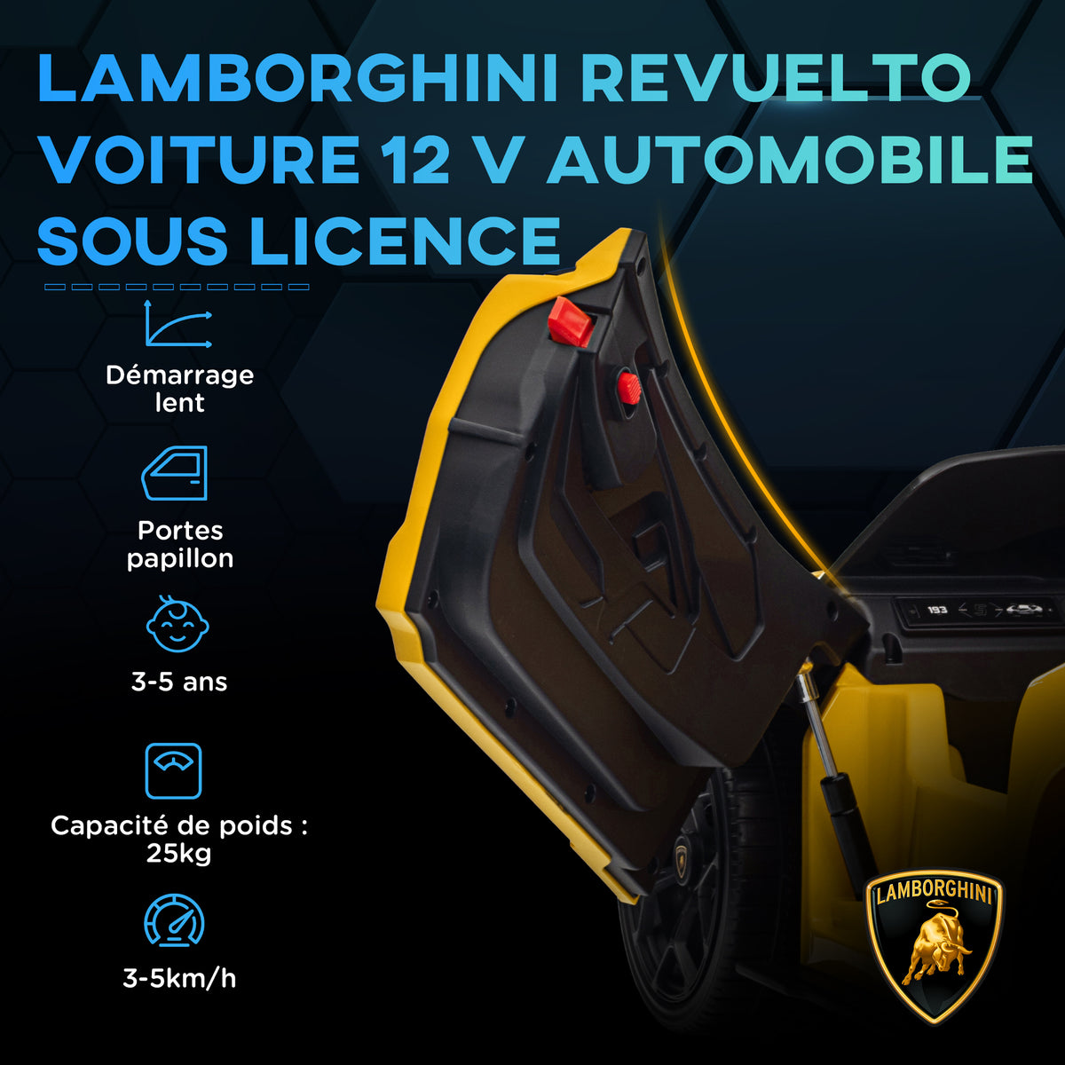 Voiture électrique 12V sous licence Lamborghini Revue véhicule électrique télécommande vitesse 3-5 km/h 3-5 ans jaune-3