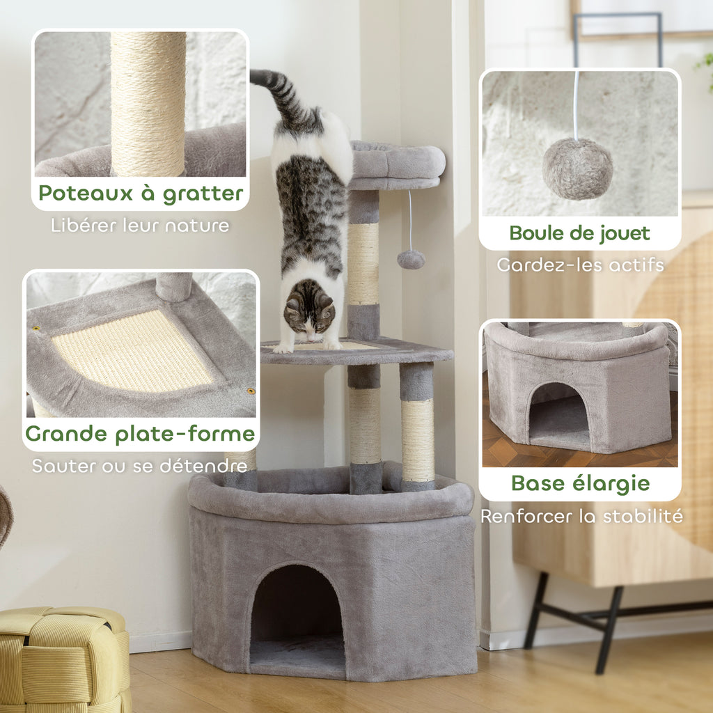 Arbre à chat tour de jeux pour chats griffoirs sisal, plate-forme, niche, tissu peluche, balles, 49x49x114cm gris clair-6