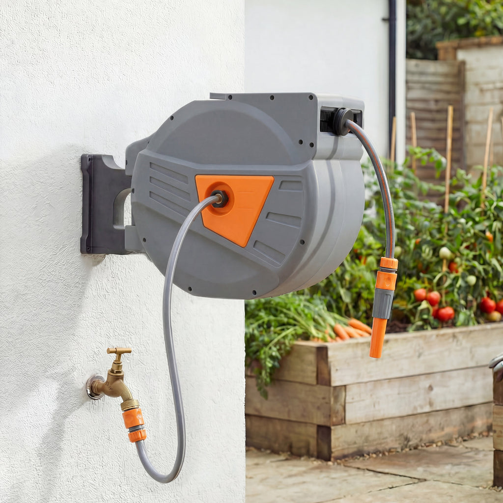 Enrouleur Tuyau Arrosage Mural 40+2 m x Ø 15mm, Dévidoir de Tuyaux d'Eau Rétractable Automatique Pivotant à 180°, Orange-1