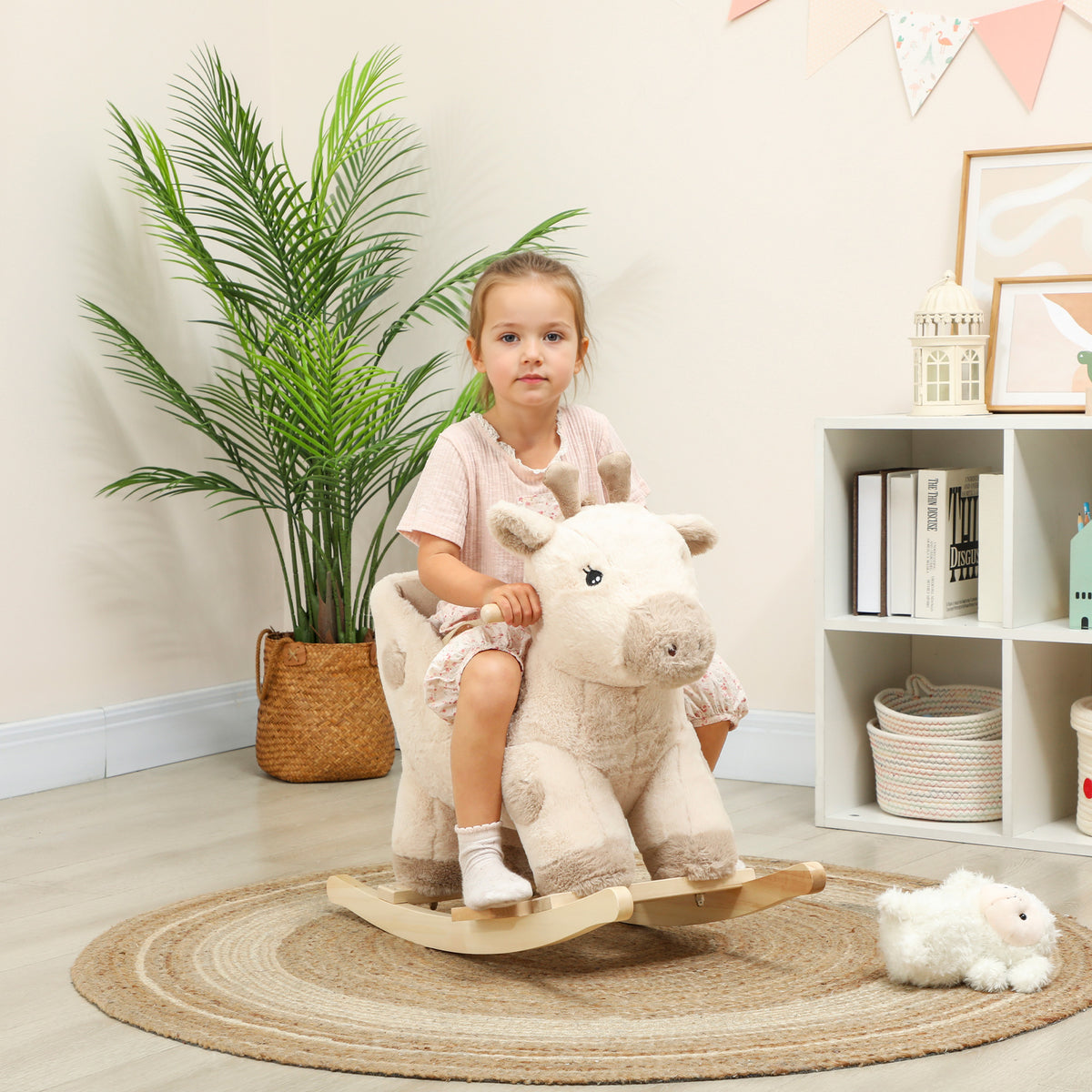 Cheval à bascule pour enfants girafe jouet à bascule bébé avec effet sonore, ceinture de sécurité, 68x35x50cm, beige-9