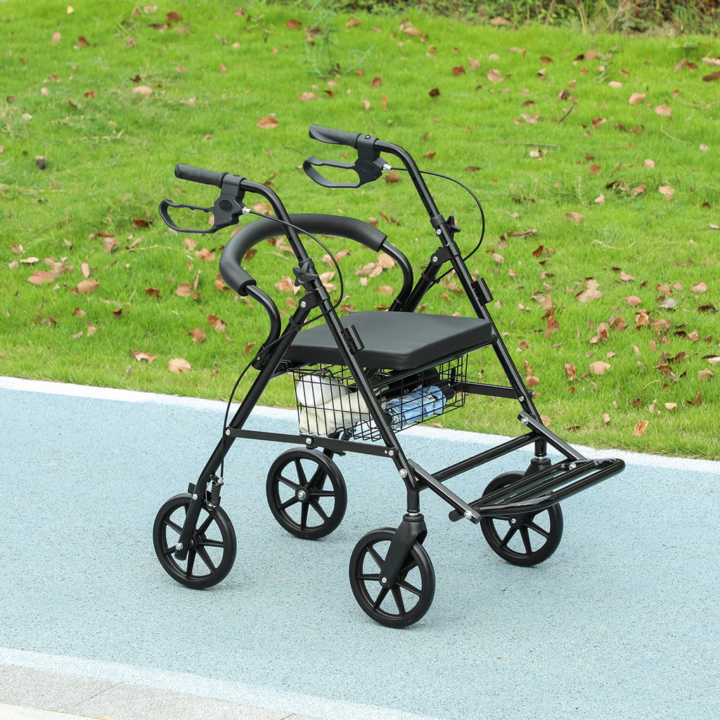 Déambulateur 4 roues - déambulateur pliable léger - assise + dossier rembourré - poignées ergonomiques, freins à main - panier rangement - cale-pied - métal noir-8