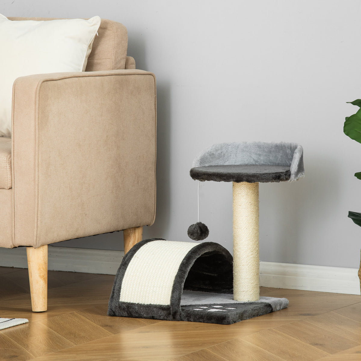Arbre à chat griffoir grattoir design jeu boule suspendue + plateforme peluche sisal naturel gris foncé-9