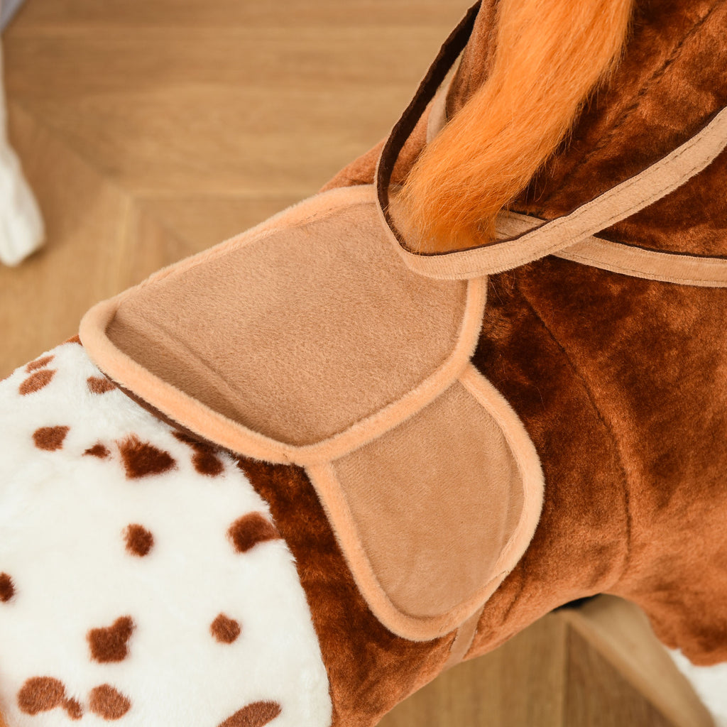 Cheval à Bascule en Bois et Peluche pour Enfant Cheval de Cowboy peluche Pour Enfants de 3-6 Ans Jouet balançoire avec Effet sonore Selle rênes Marron Blanc-8