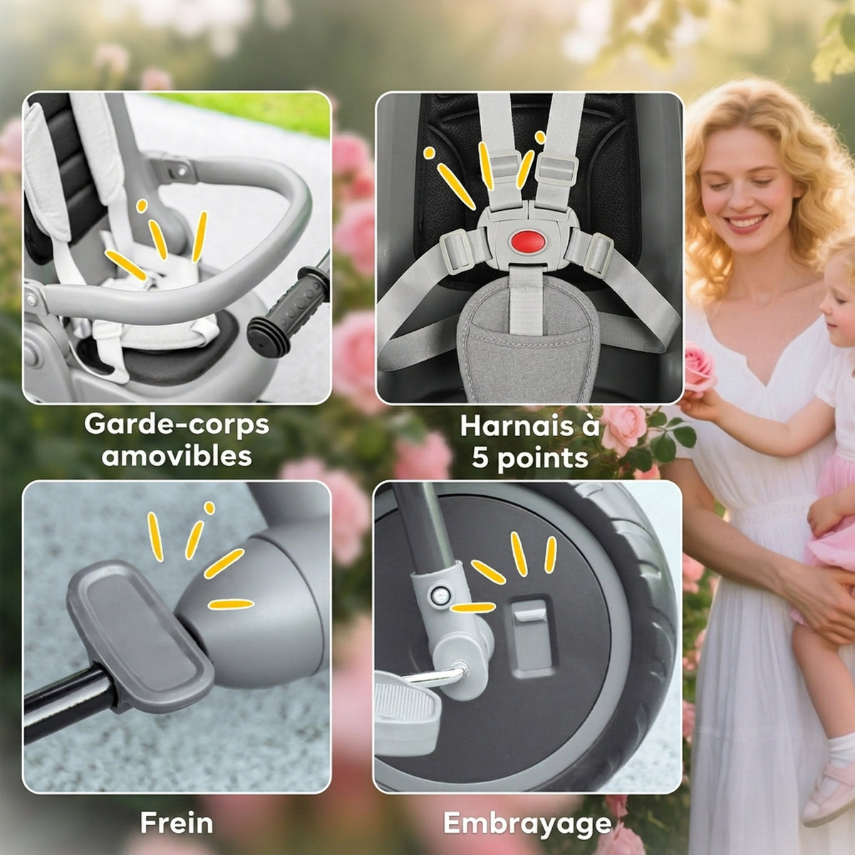 Tricycle bébé évolutif 6 en 1, tricycle enfant pliable avec poignée parentale réglable, siège pivotant 360°, gris-6