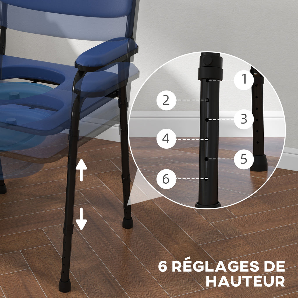 Chaise percée toilette multifonctions seau amovible hauteur réglable avec dossier siège et accoudoirs rembourrés bleu-4