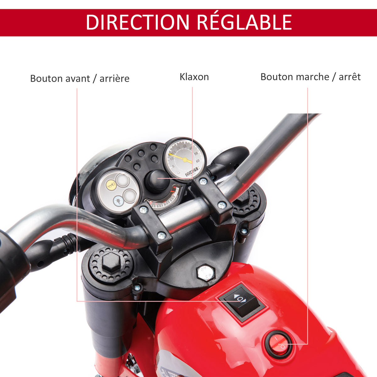Moto électrique Enfant Chopper Tout-Terrain 6 V 20 W Marche AV AR 3 Roues Effets Lumineux et sonores Rouge Noir-3