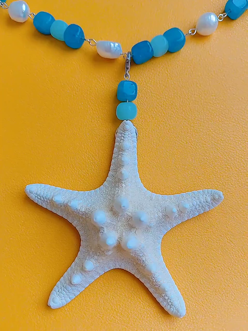 Collier Étoile de Mer des caraïbes en Perles d'Eau Douce, Amazonite et Apatite | Bijou Océan Tropical |  Inspiré des lagons paradisiaques