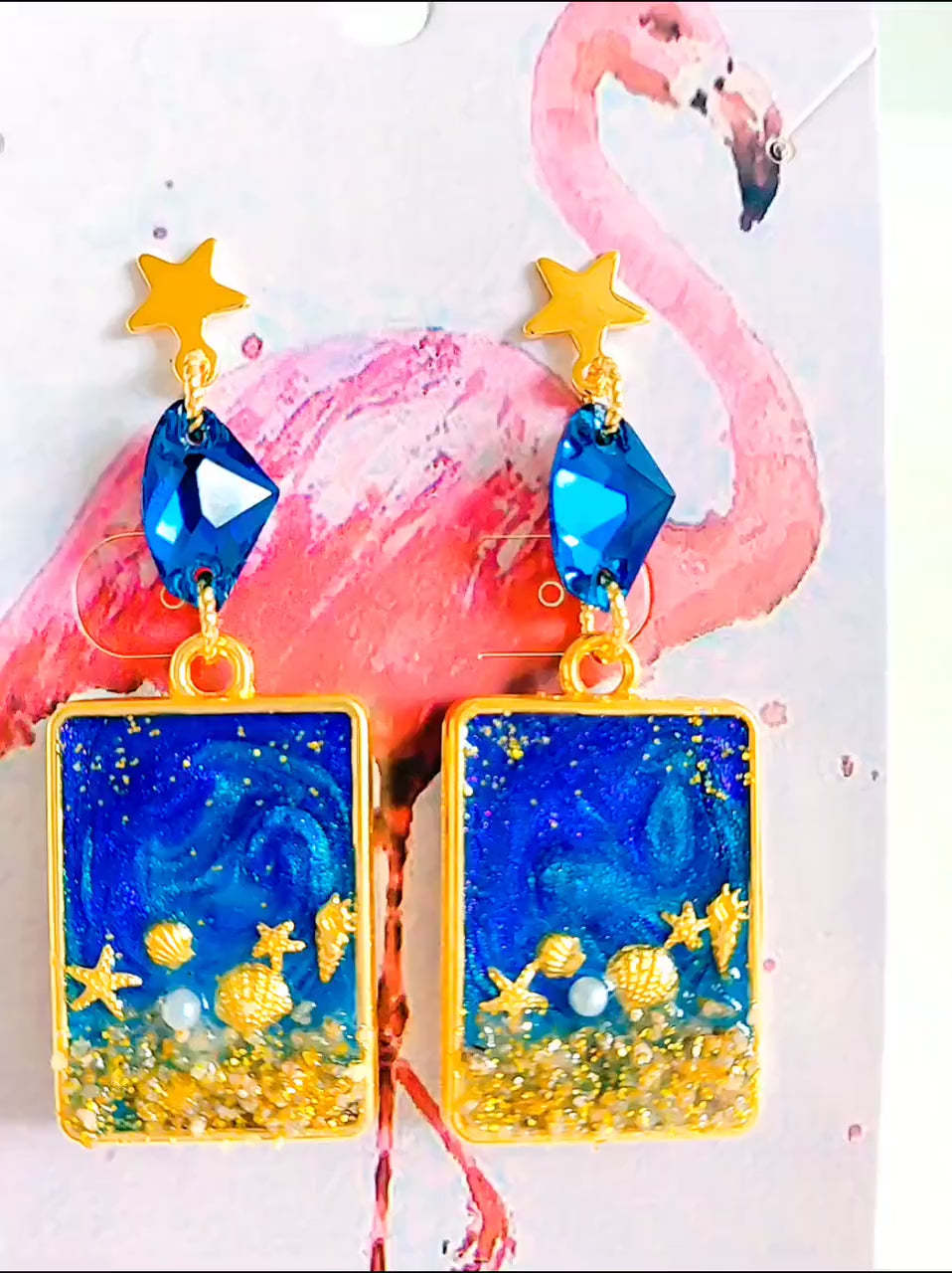 Boucles d’oreilles " Tahiti " océan bleu en résine, étoiles de mer et coquillages, bijoux collection lagon , fait main