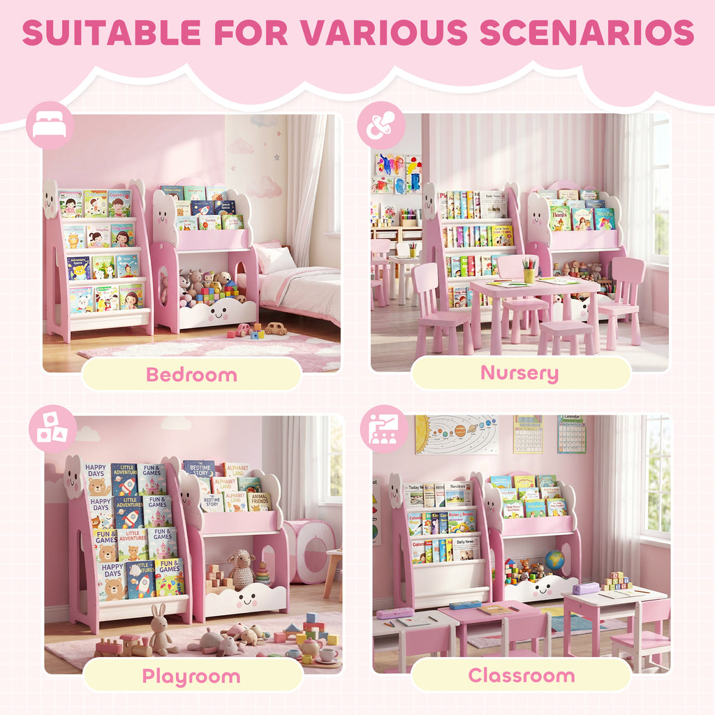Meuble rangement enfant 3 à 8 ans, rangement jouets enfant modulaire avec porte-magazines à 4 étagères, rose-8