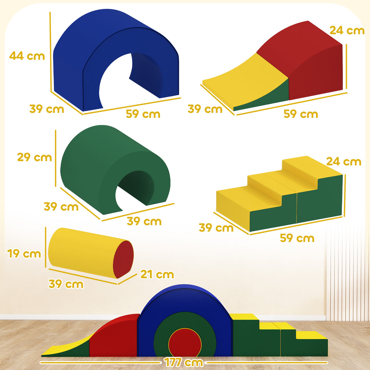 Parcours motricité enfants jouets d'escalade modulable 5 briques géantes en mousse 181 x 39 x 44 cm multicolore-2