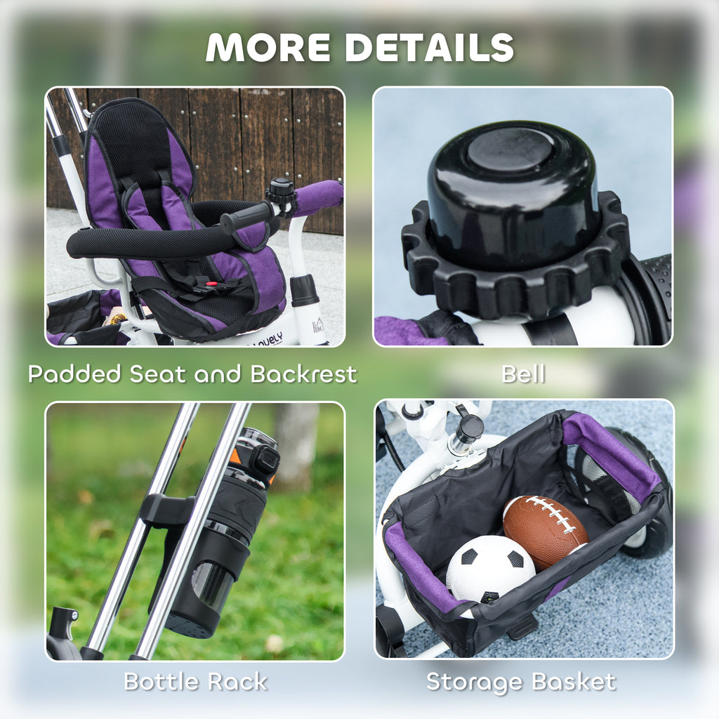 Tricycle enfant évolutif pare-soleil pliable canne télescopique amovible 95 x 50 x 106 cm acier violet blanc-8