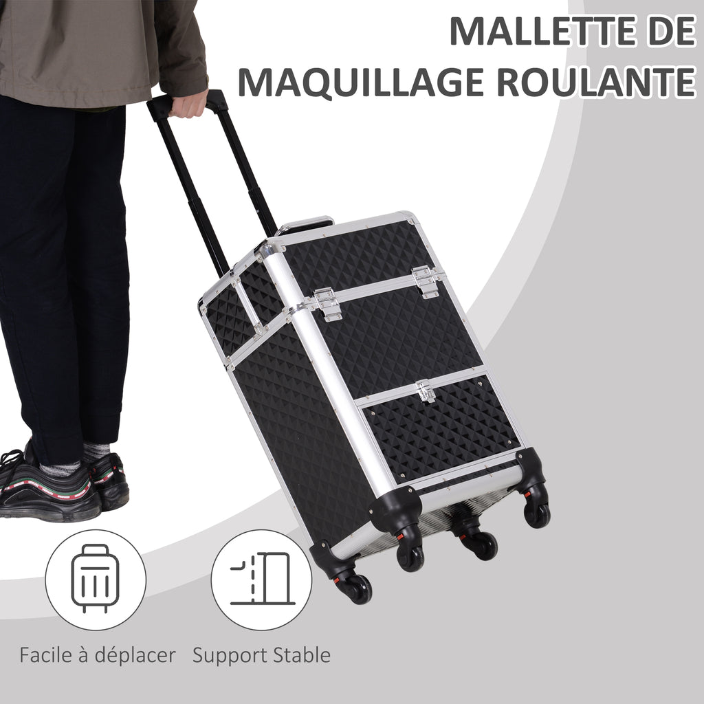 Valise trolley maquillage mallette cosmétique vanity poignée télescopique réglable 34L x 25l x 62H cm alu. noir-3