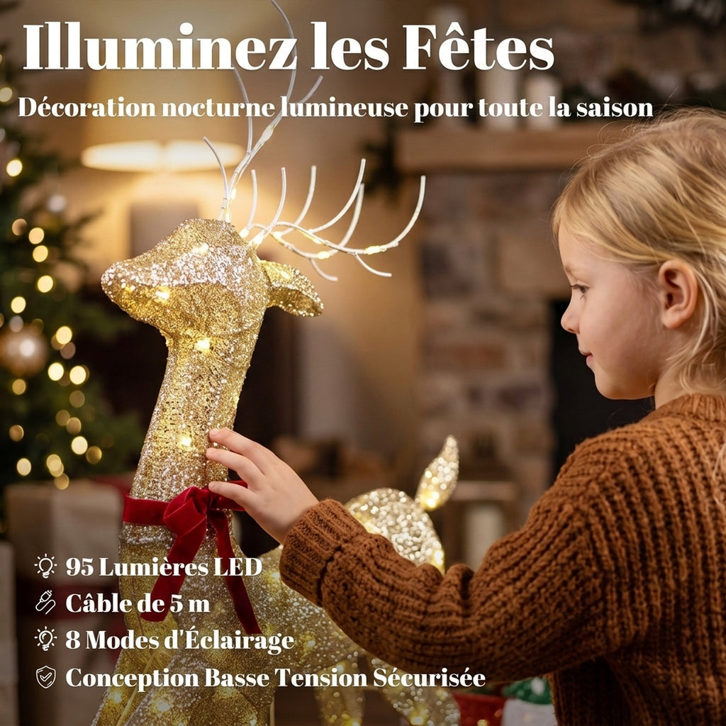 Renne et traîneau lumineux, décoration de Noël extérieure, 95 LED blanc chaud, 8 modes, minuterie quotidienne-4