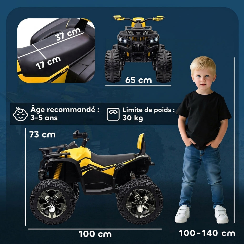 Quad Buggy électrique Enfant 12 V 8 Km/h Max. Voiture électrique Enfant avec Effets Lumineux sonores Selle avec Dossier Porte-Bagage Avant métal PP Jaune Noir-2
