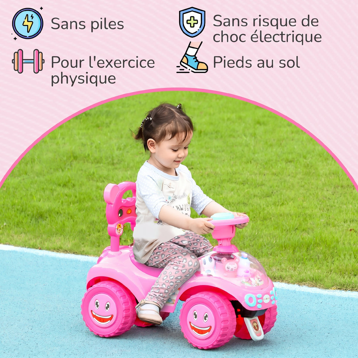 Voiture Porteur pour Enfants, Véhicule à Pousser avec Klaxon, Lumières, Musique, Volant, Rangement Sous le Siège, Rose-6