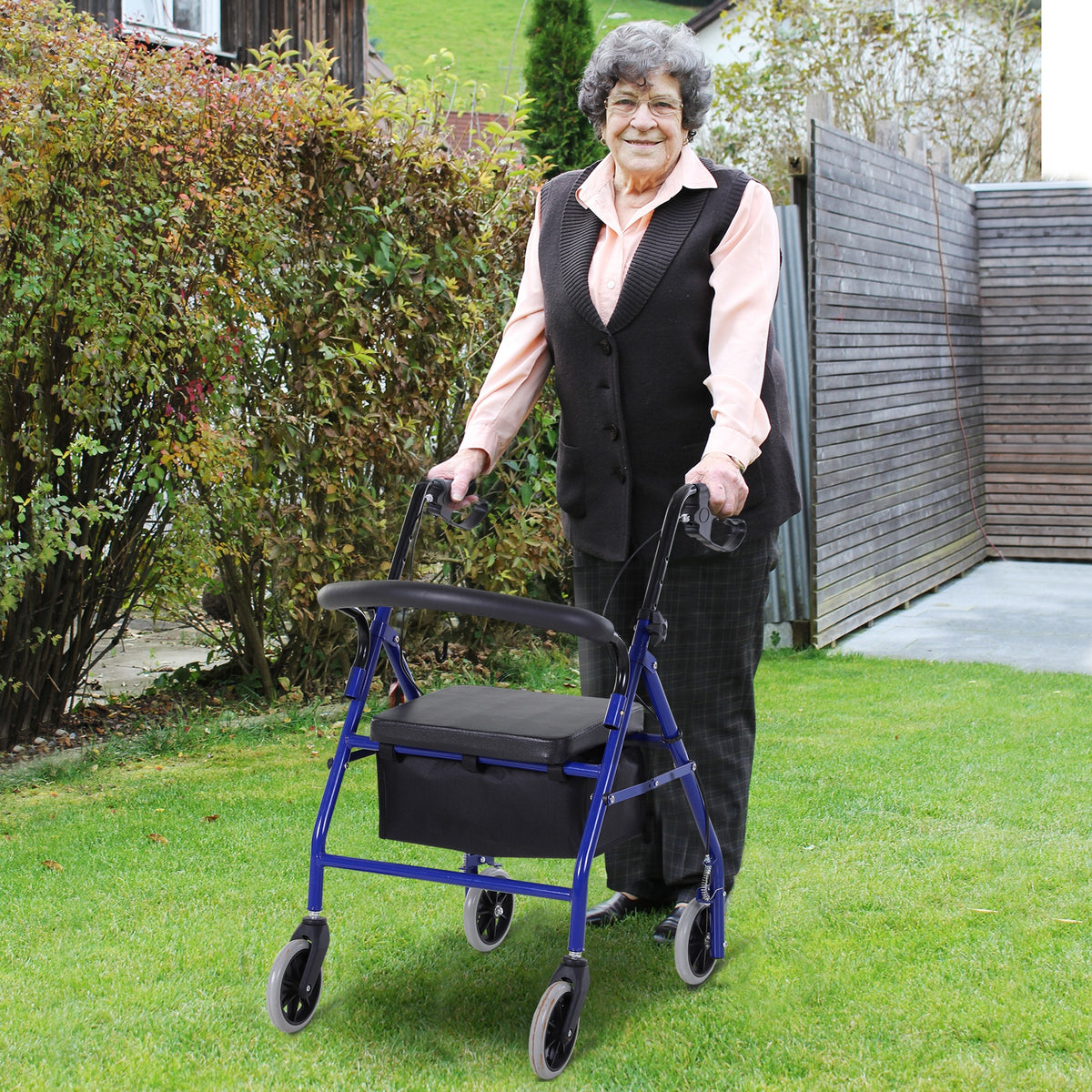 Déambulateur 4 roues - déambulateur pliable léger - assise + dossier rembourré - poignées ergonomiques, freins à main - panier rangement - métal bleu-9