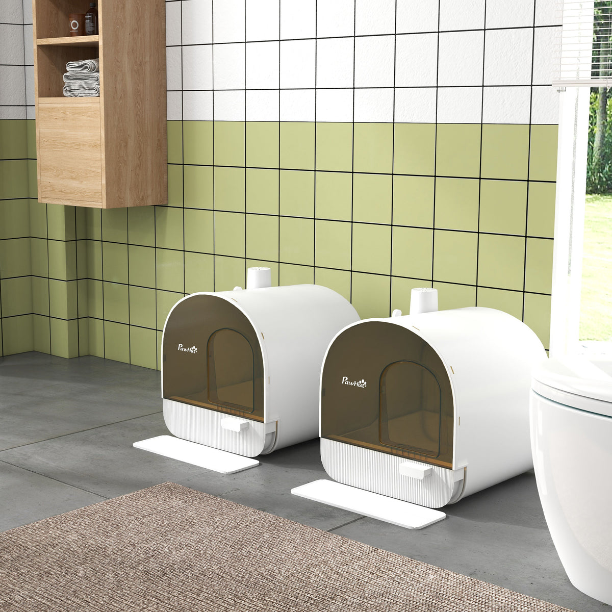 Lot de 2 bacs à litière pour chat maison de toilette porte battante, pelle et filtre inclus dim. 43L x 44l x 47H cm-5