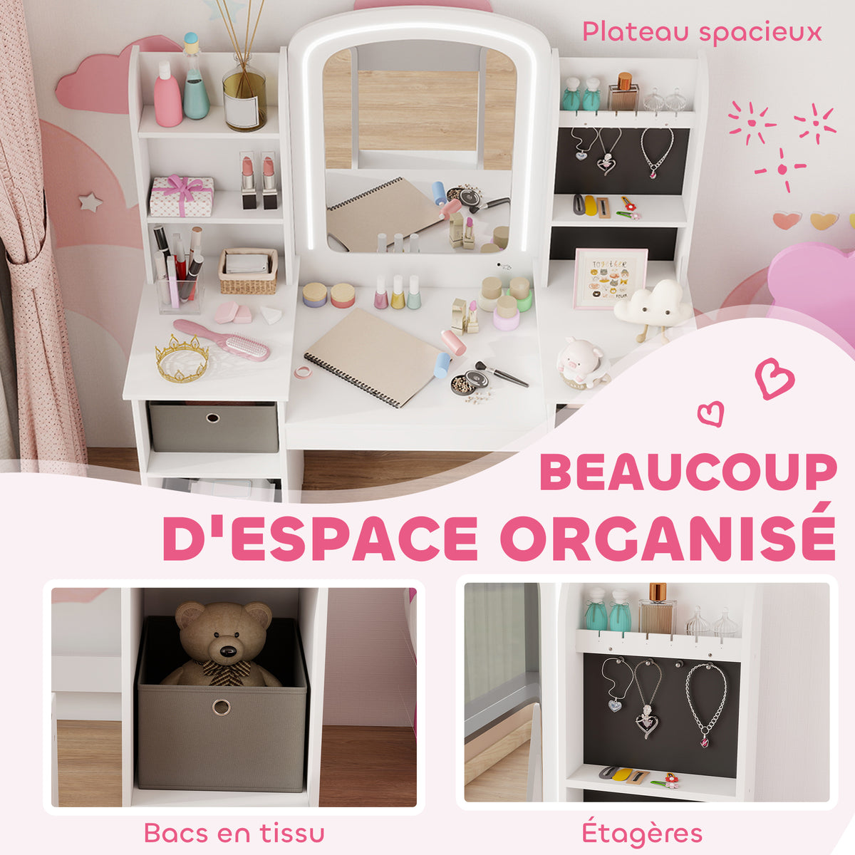 Coiffeuse pour enfants avec tabouret et miroir LED, table de maquillage pour 3 à 8 ans, 104 x 40 x 112 cm, blanc-5