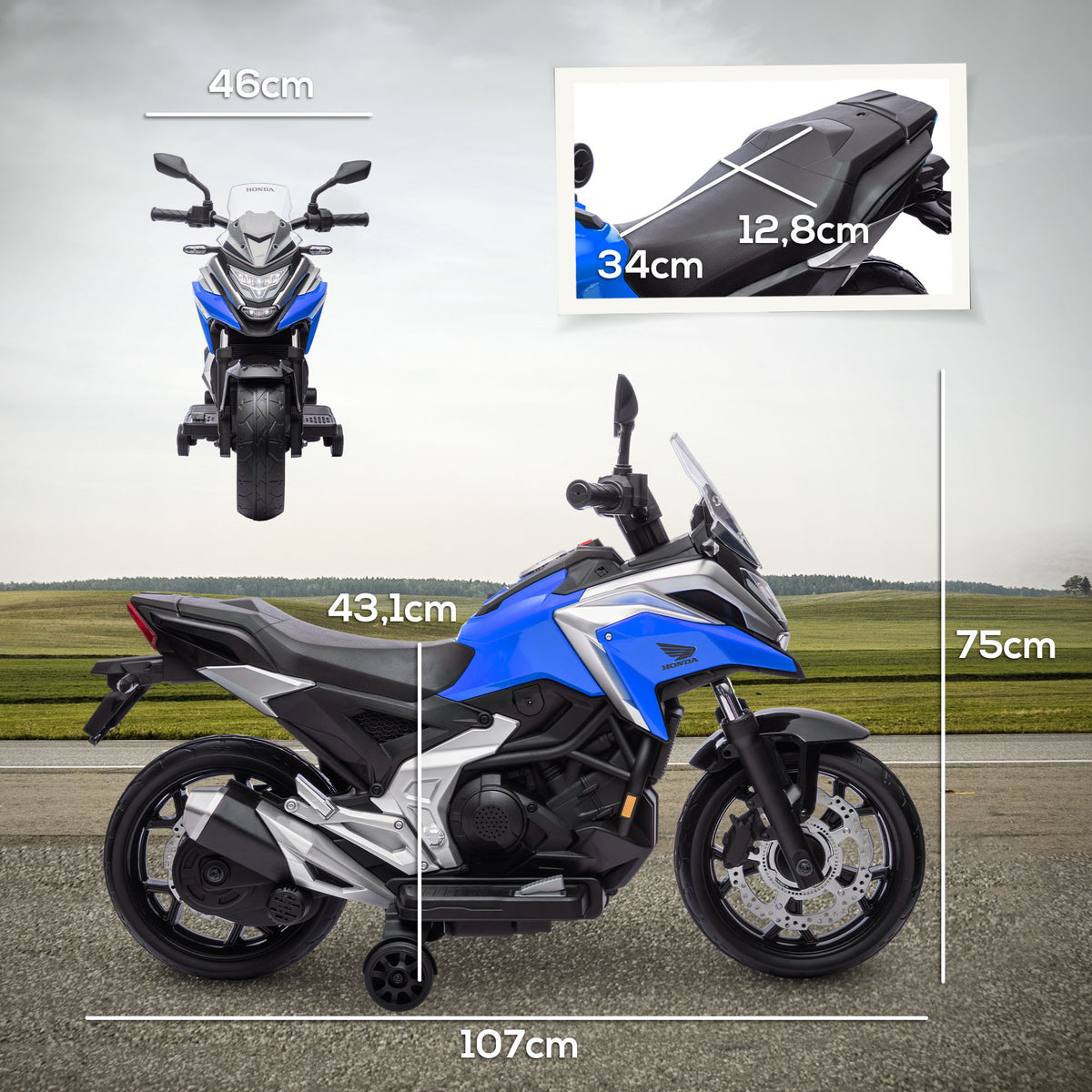 Moto électrique pour enfants moto porteur Honda pour enfants 3 à 6 ans avec musique, phares bleu-2