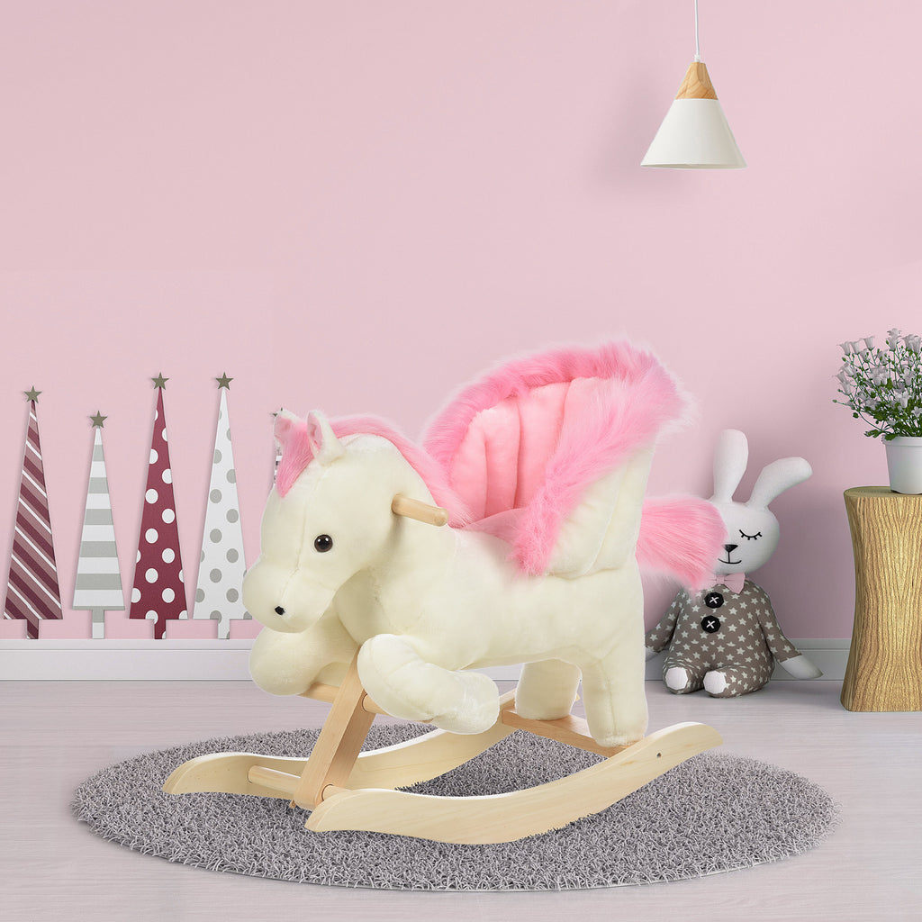 Cheval à Bascule Fonction Musicale Selle Grand Confort Peluche Courte Douce Pour Enfants 18-36 Mois Bois peuplier Blanc et Rose dim. 70L x 28l x 57H cm-1