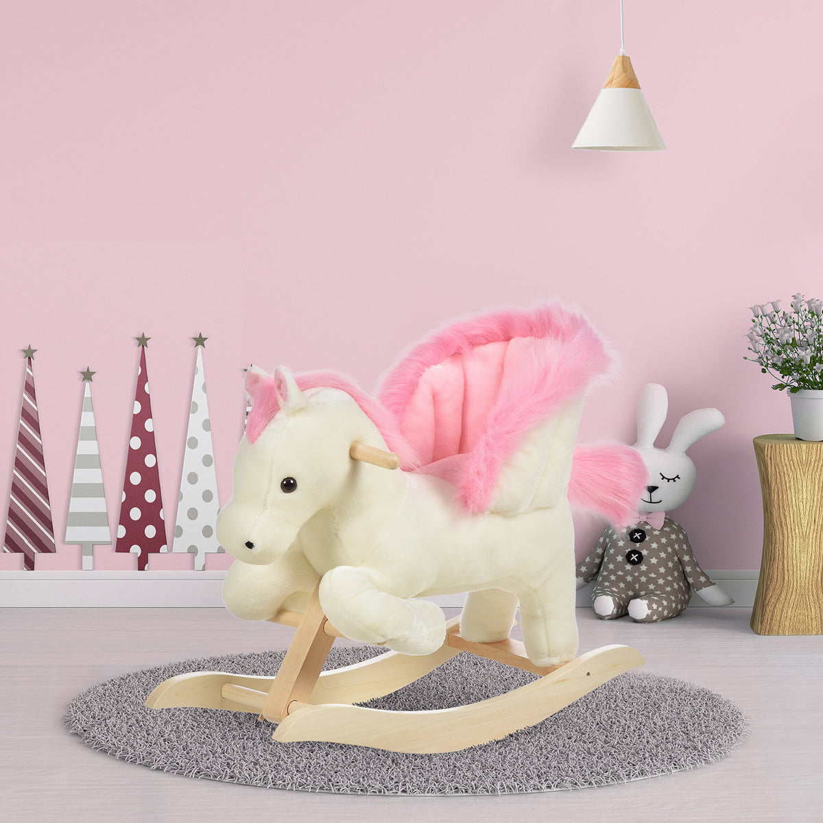 Cheval à Bascule Fonction Musicale Selle Grand Confort Peluche Courte Douce Pour Enfants 18-36 Mois Bois peuplier Blanc et Rose dim. 70L x 28l x 57H cm-1