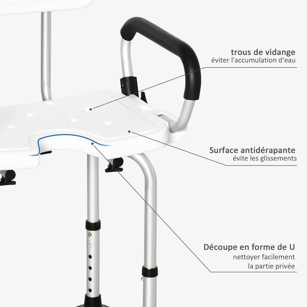Chaise de douche, tabouret de douche réglable en hauteur avec dossier et accoudoirs rabattables, assise U, pieds antidérapants à ventouses, pour personnes âgées et handicapées, alu HDPE, blanc-3