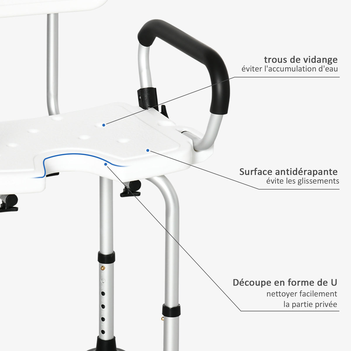 Chaise de douche, tabouret de douche réglable en hauteur avec dossier et accoudoirs rabattables, assise U, pieds antidérapants à ventouses, pour personnes âgées et handicapées, alu HDPE, blanc-3