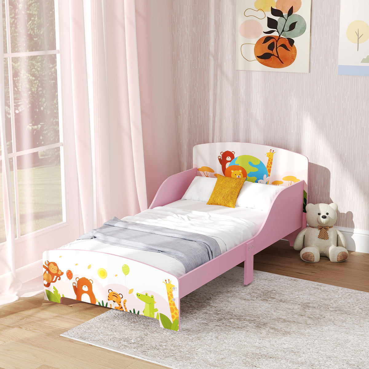 Lit Enfant 70x140 cm motif animal 140 x 70 cm avec sommier à lattes en bois design bas sécurisé rose-9