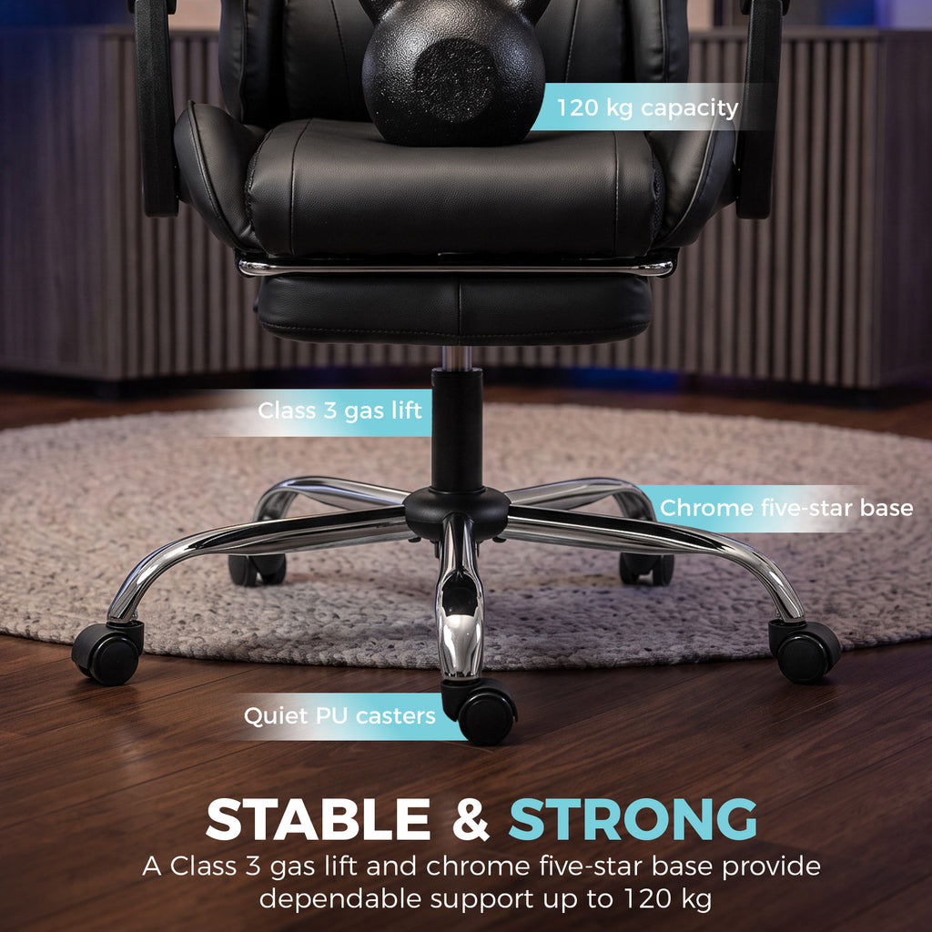 Chaise Gaming Ergonomique avec Coussin Lombaire Massant, Fauteuil Gaming Inclinable en Cuir Synthétique, Noir-7