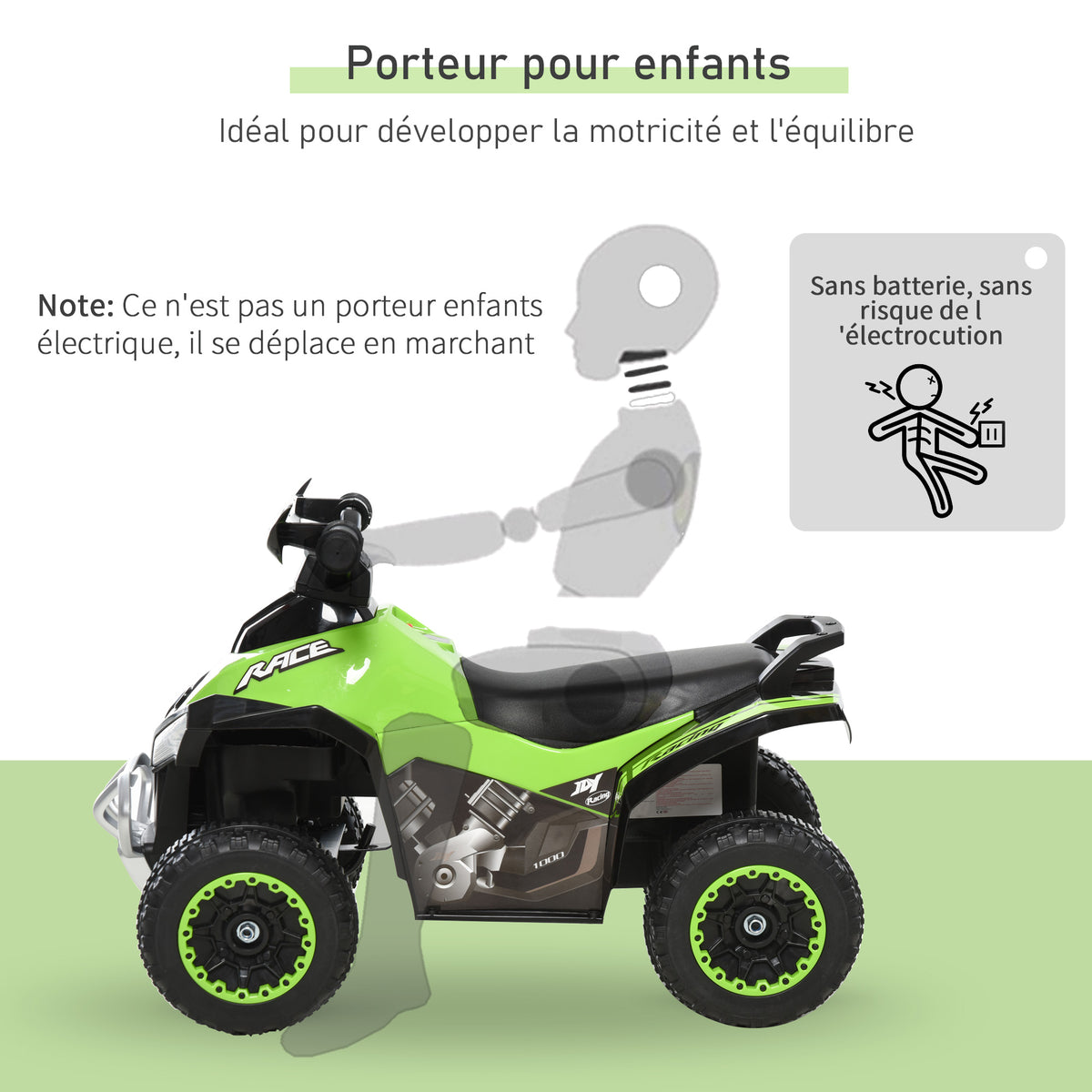 Porteur Enfants Quad 18-36 Mois dim. 67L x 38l x 44H cm Effets Lumineux et sonores Vert Noir-5