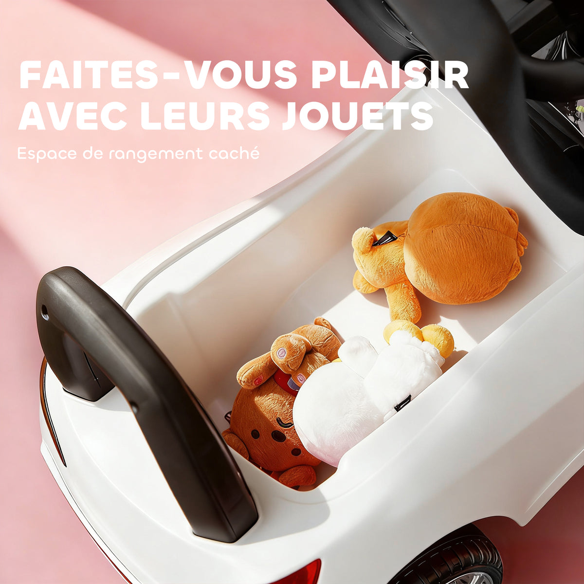 Porteur enfants voiture, véhicule à pousser avec coffre à jouets, klaxon, phares et musique, 63,5 x 28 x 36 cm, blanc-5