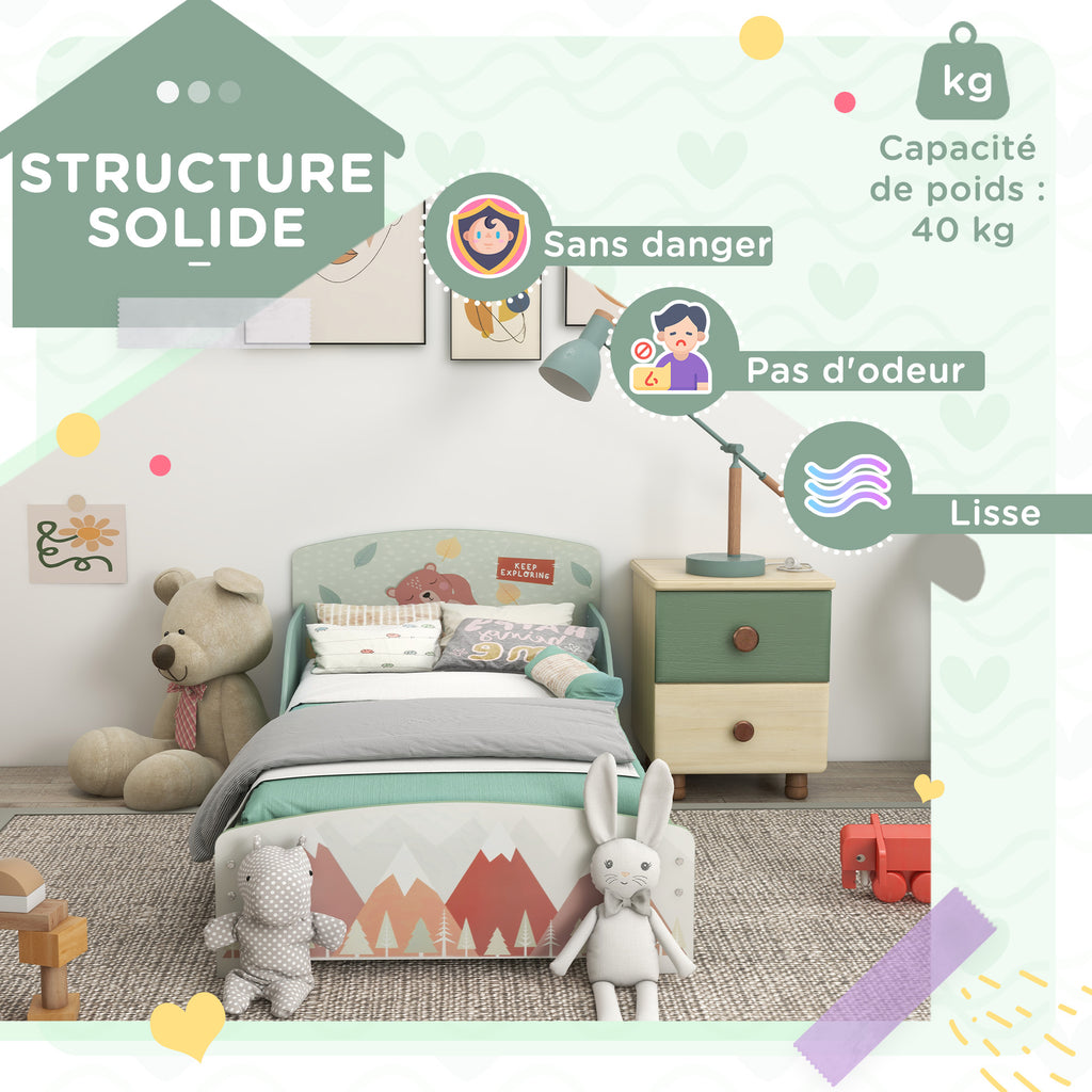 Lit pour enfant 3-6 ans avec barrières de sécurité et motifs dim. 77 x 143 x 60 cm sommier à lattes inclus - Vert-5
