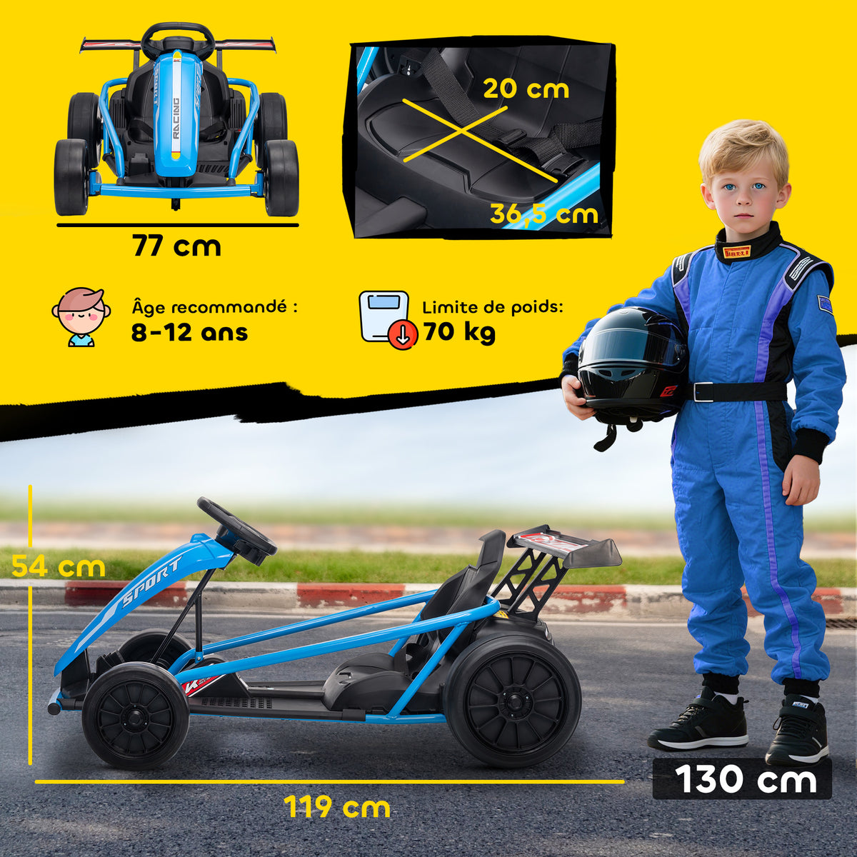 Voiture électrique GoKart kart électrique pour enfants 2 x 24 V moteurs mode dérive à 13 km/h 119 x 77 x 54 cm bleu-2