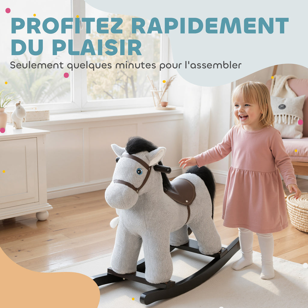 Cheval à bascule pour enfants, jouet à bascule bébé en peluche avec eouetffet sonore et poupée, 65 x 26 x 55 cm, gris-7
