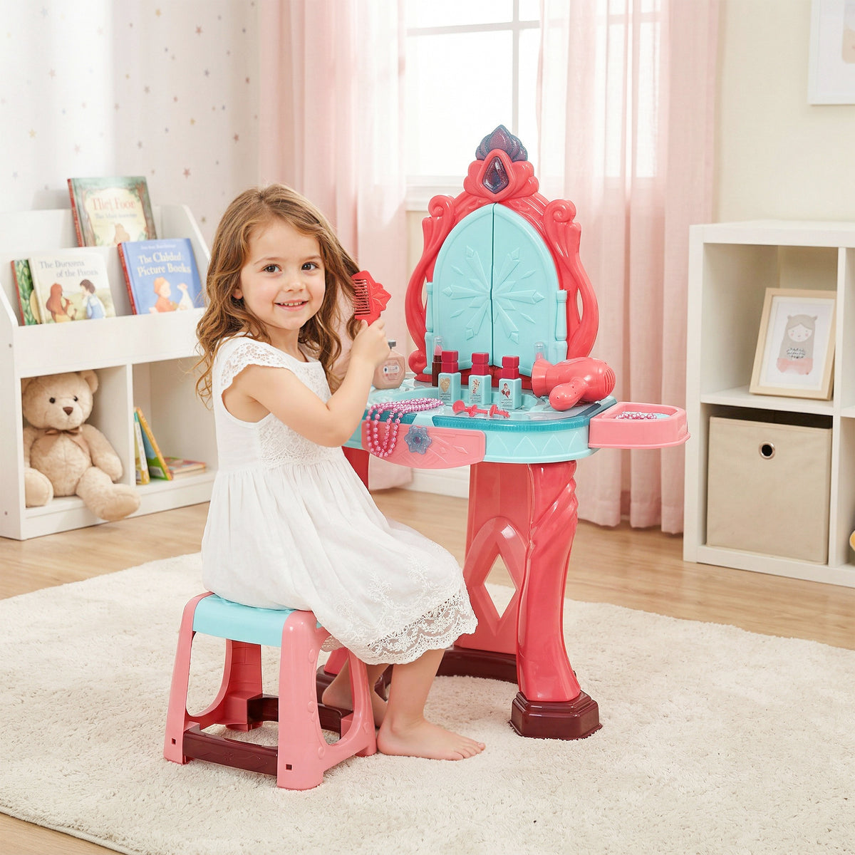 Coiffeuse Enfant Fille avec Tabouret, Miroir, Lumière, Musique, Accessoires, 3-6 Ans, 57x34x76cm, Multicolore-9