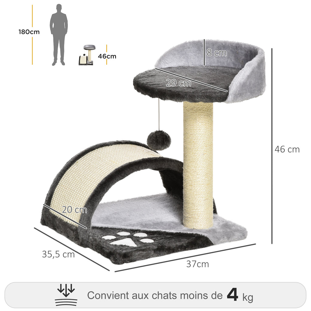Arbre à chat griffoir grattoir design jeu boule suspendue + plateforme peluche sisal naturel gris foncé-2