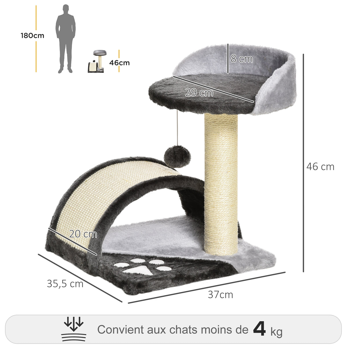 Arbre à chat griffoir grattoir design jeu boule suspendue + plateforme peluche sisal naturel gris foncé-2