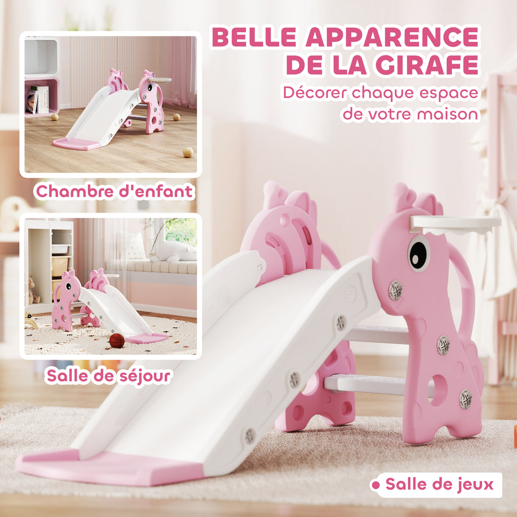 Toboggan pour enfants 3 en 1 en forme de girafe avec panier de basket, escalade et ballon, 106 x 51,5 x 52 cm, rose-4