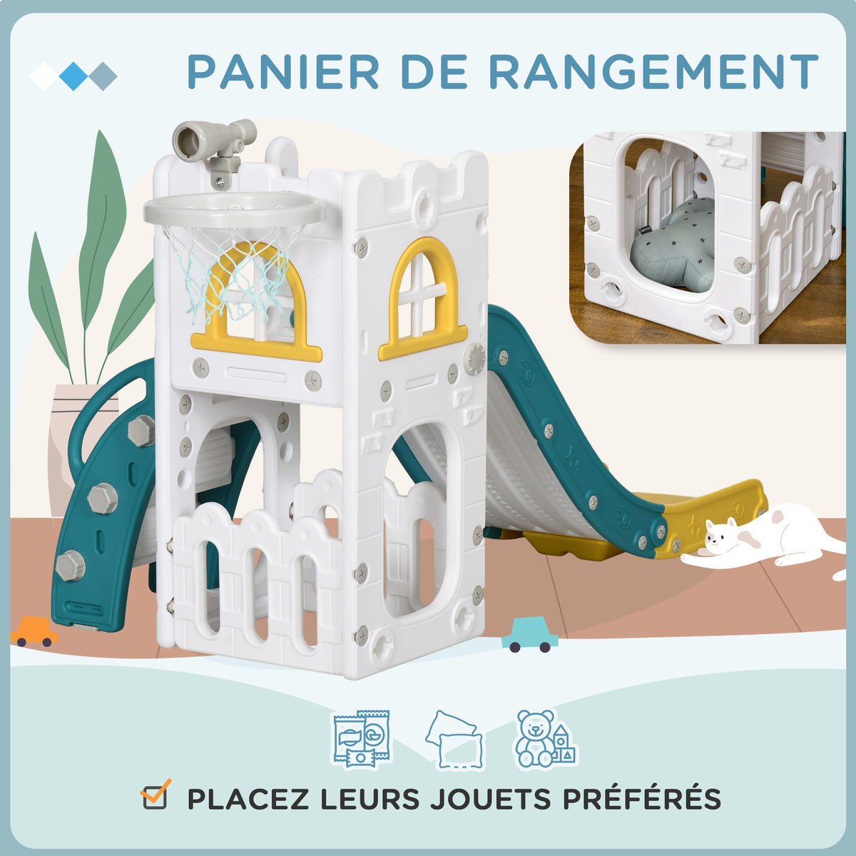 Toboggan pour enfants 5 en 1 avec panier de basket escalade télescope espace de rangement 70 x 177 x 92 cm jaune-6